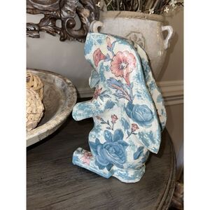 Toile Bunny Rabbit Paper Mache Shabby Chic Easter Decor 10" Tall Floral Rose